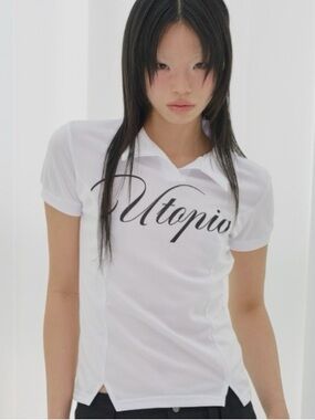 Fancy club Utopia White Short-Sleeve Polo Tee with Black Script one size